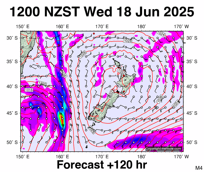New Zealand forecast chart for Wednesday, June 18th, 2025 at 12:00 AM
