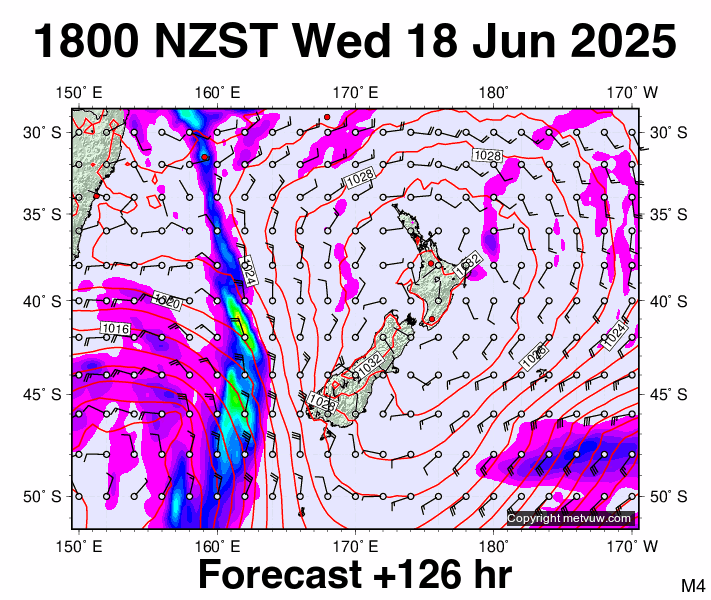 New Zealand forecast chart for Wednesday, June 18th, 2025 at 6:00 AM