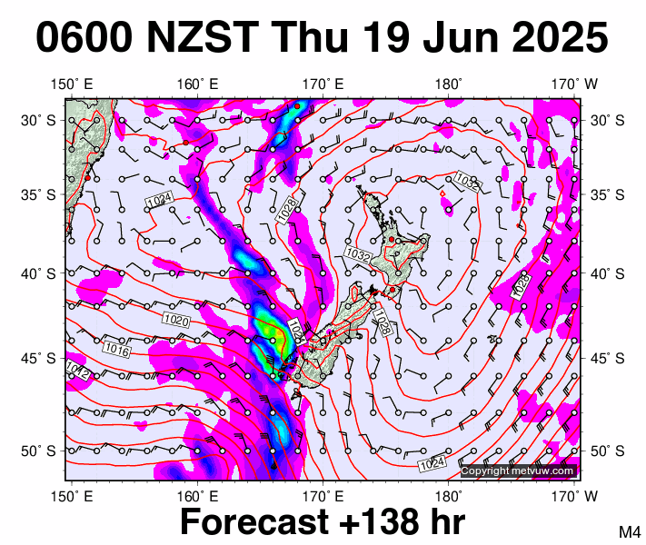 New Zealand forecast chart for Wednesday, June 18th, 2025 at 6:00 PM