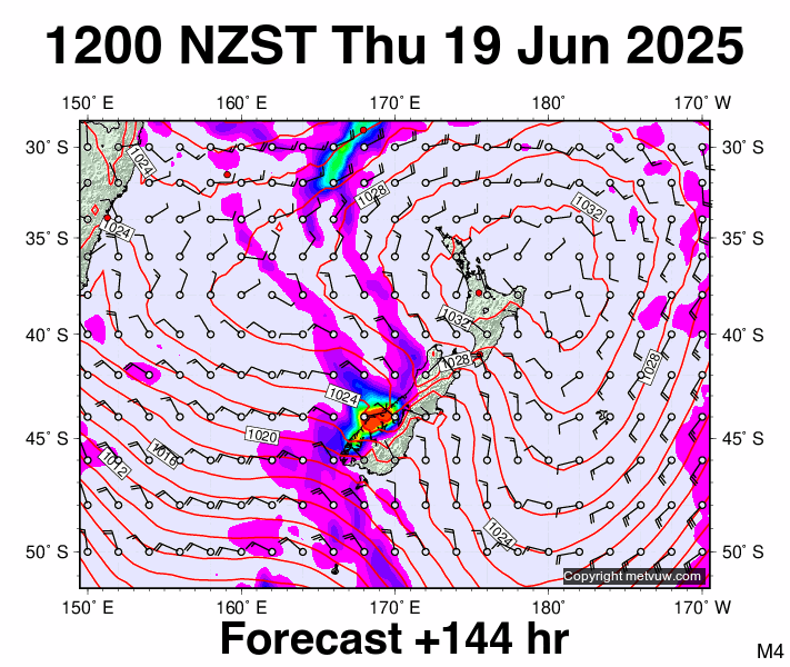 New Zealand forecast chart for Thursday, June 19th, 2025 at 12:00 AM