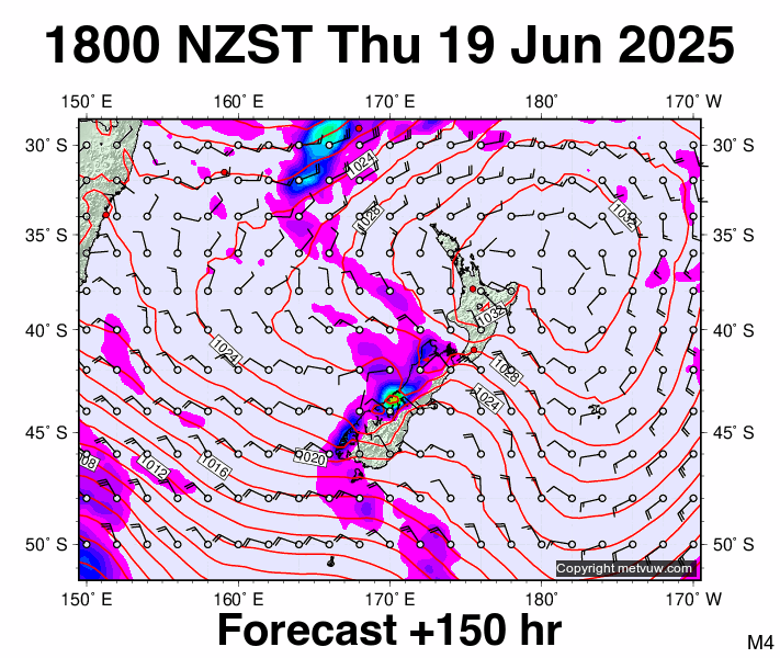 New Zealand forecast chart for Thursday, June 19th, 2025 at 6:00 AM