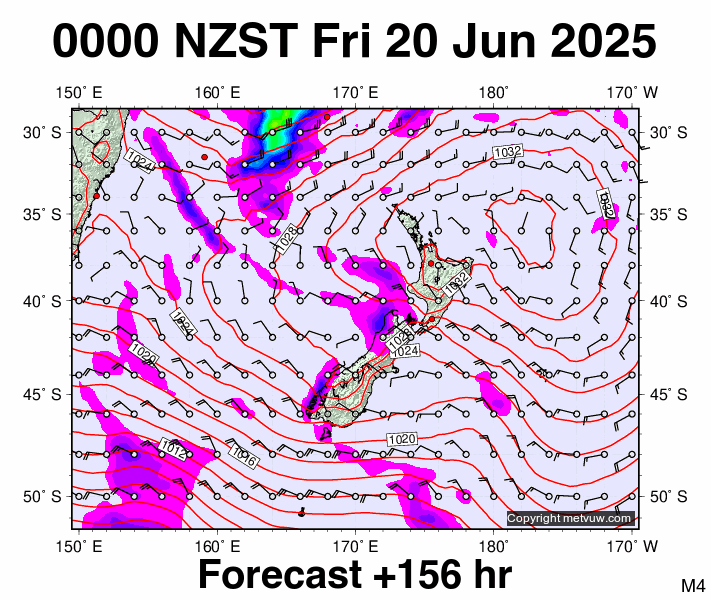 New Zealand forecast chart for Thursday, June 19th, 2025 at 12:00 PM