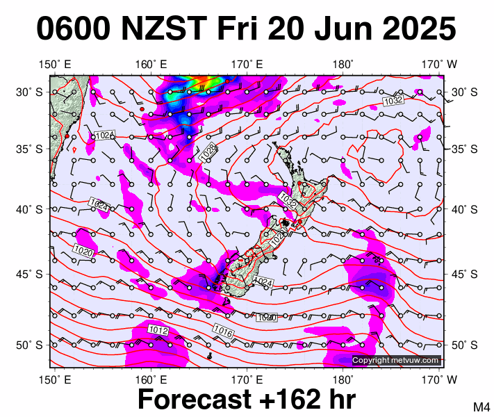 New Zealand forecast chart for Thursday, June 19th, 2025 at 6:00 PM