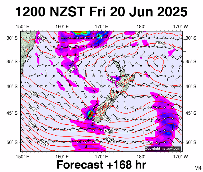 New Zealand forecast chart for Friday, June 20th, 2025 at 12:00 AM