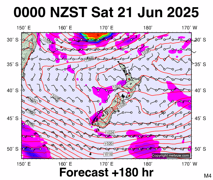 New Zealand forecast chart for Friday, June 20th, 2025 at 12:00 PM