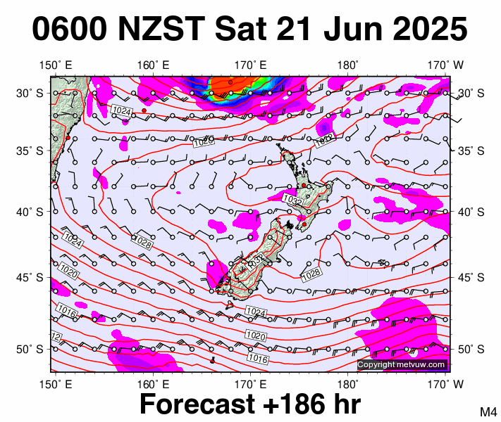 New Zealand forecast chart for Friday, June 20th, 2025 at 6:00 PM