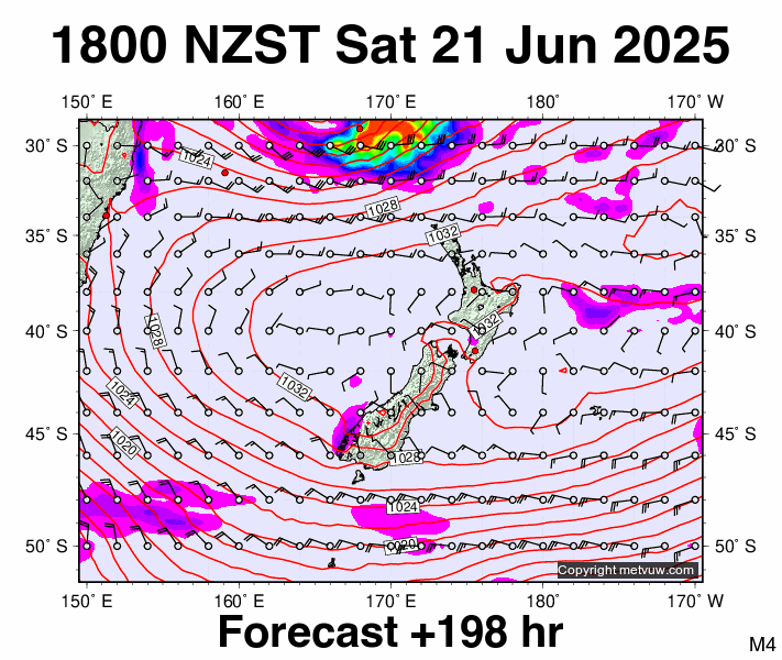 New Zealand forecast chart for Saturday, June 21st, 2025 at 6:00 AM