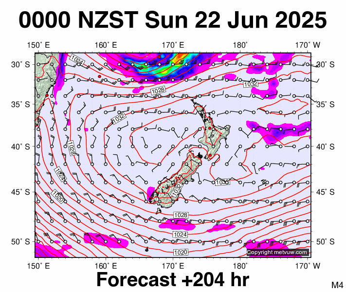 New Zealand forecast chart for Saturday, June 21st, 2025 at 12:00 PM