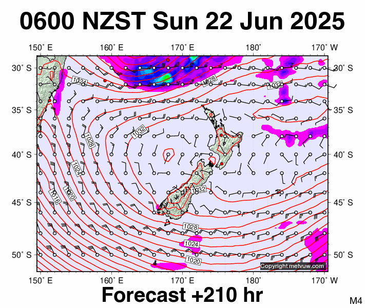 New Zealand forecast chart for Saturday, June 21st, 2025 at 6:00 PM