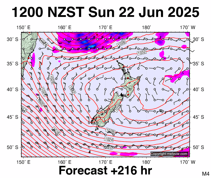 New Zealand forecast chart for Sunday, June 22nd, 2025 at 12:00 AM