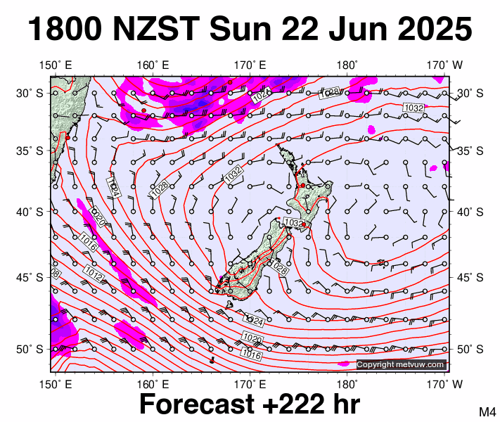 New Zealand forecast chart for Sunday, June 22nd, 2025 at 6:00 AM
