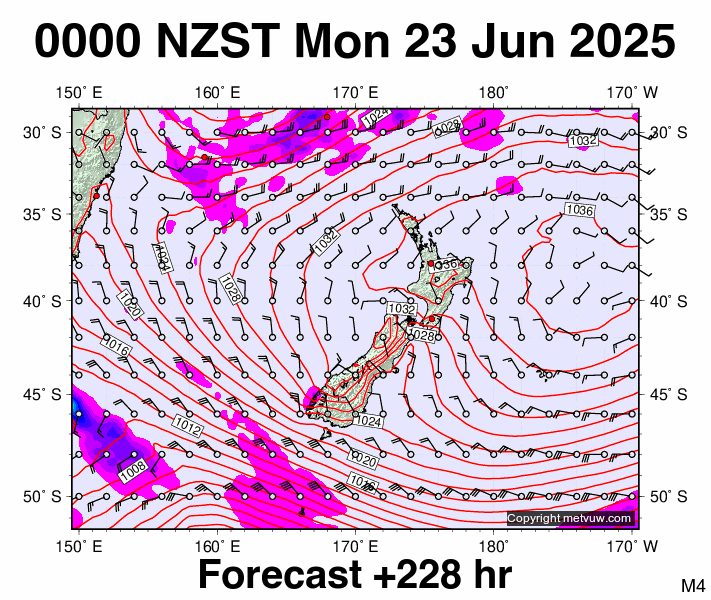 New Zealand forecast chart for Sunday, June 22nd, 2025 at 12:00 PM