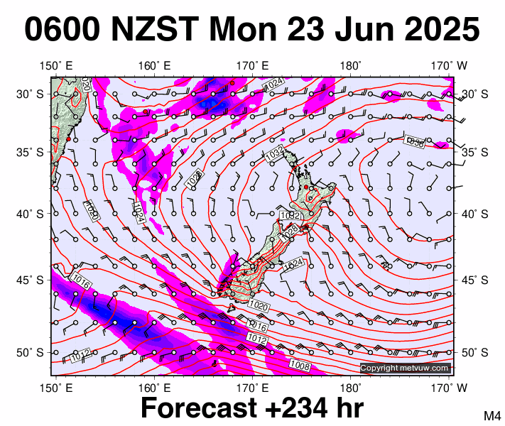 New Zealand forecast chart for Sunday, June 22nd, 2025 at 6:00 PM