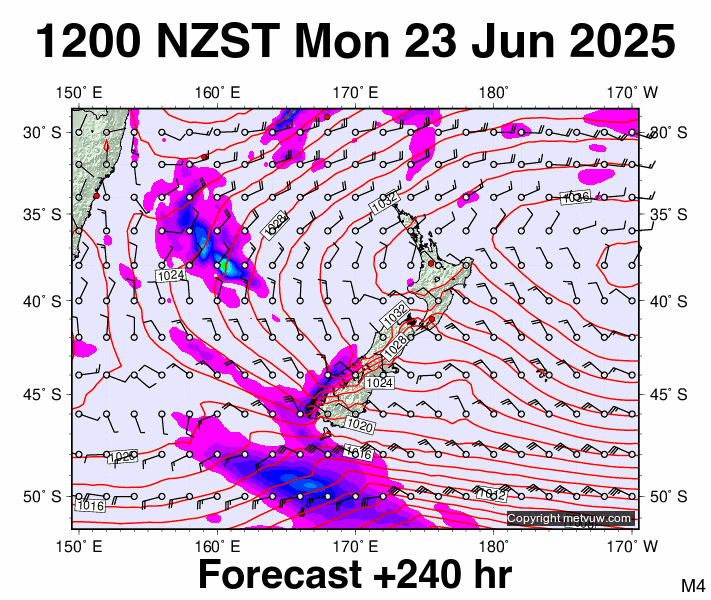 New Zealand forecast chart for Monday, June 23rd, 2025 at 12:00 AM