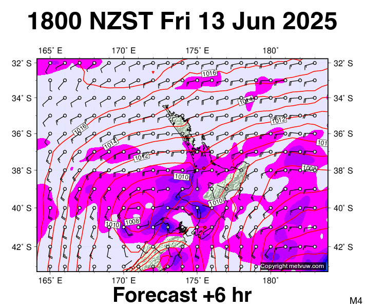 North Island forecast chart for Friday, June 13th, 2025 at 6:00 AM