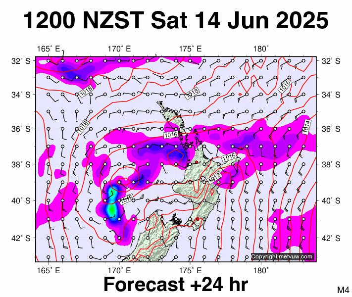 North Island forecast chart for Saturday, June 14th, 2025 at 12:00 AM