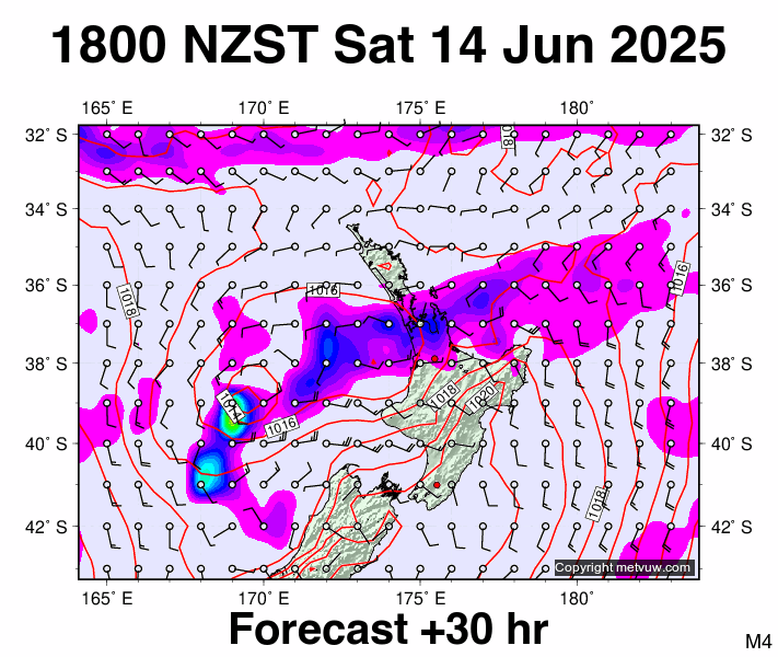 North Island forecast chart for Saturday, June 14th, 2025 at 6:00 AM