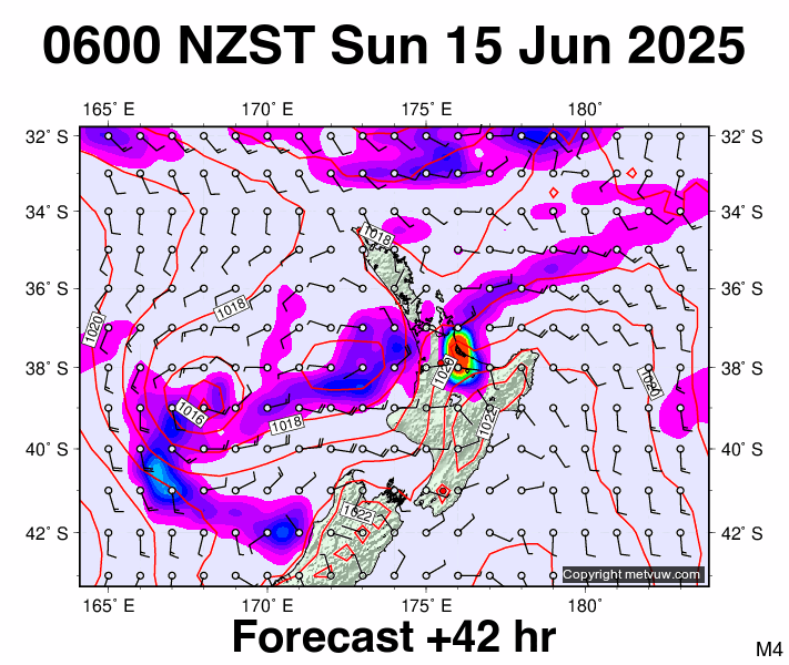 North Island forecast chart for Saturday, June 14th, 2025 at 6:00 PM