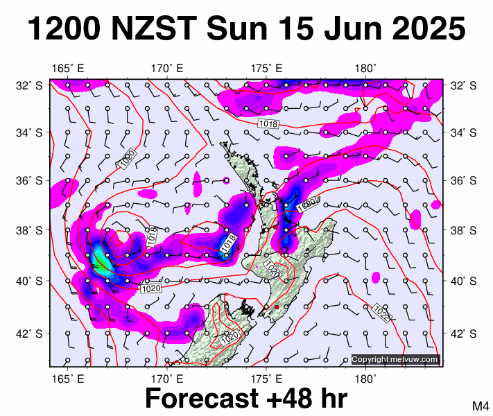 North Island forecast chart for Sunday, June 15th, 2025 at 12:00 AM