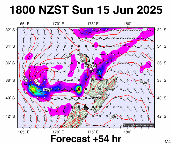 North Island forecast chart for Sunday, June 15th, 2025 at 6:00 AM