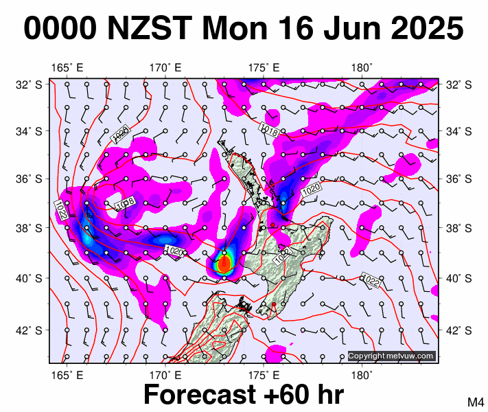 North Island forecast chart for Sunday, June 15th, 2025 at 12:00 PM