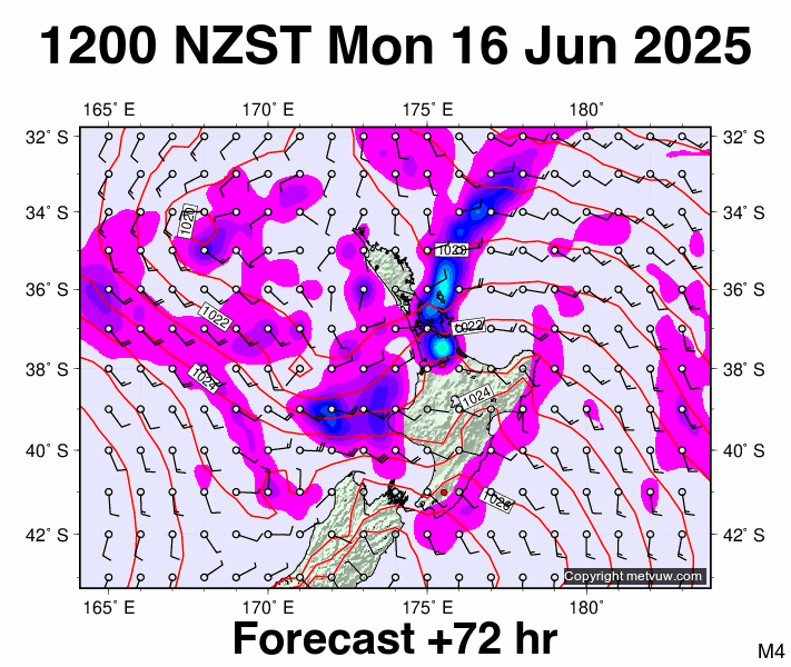 North Island forecast chart for Monday, June 16th, 2025 at 12:00 AM