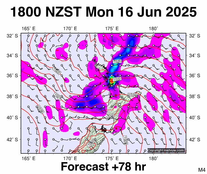 North Island forecast chart for Monday, June 16th, 2025 at 6:00 AM