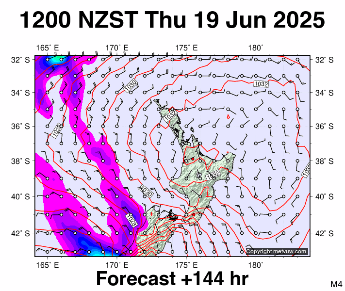 North Island forecast chart for Thursday, June 19th, 2025 at 12:00 AM