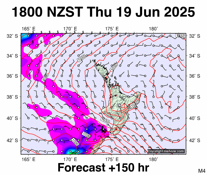 North Island forecast chart for Thursday, June 19th, 2025 at 6:00 AM