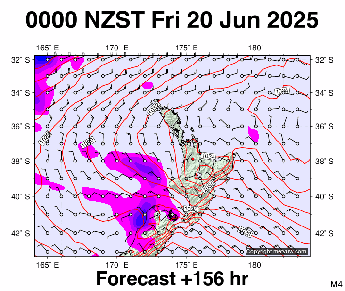 North Island forecast chart for Thursday, June 19th, 2025 at 12:00 PM