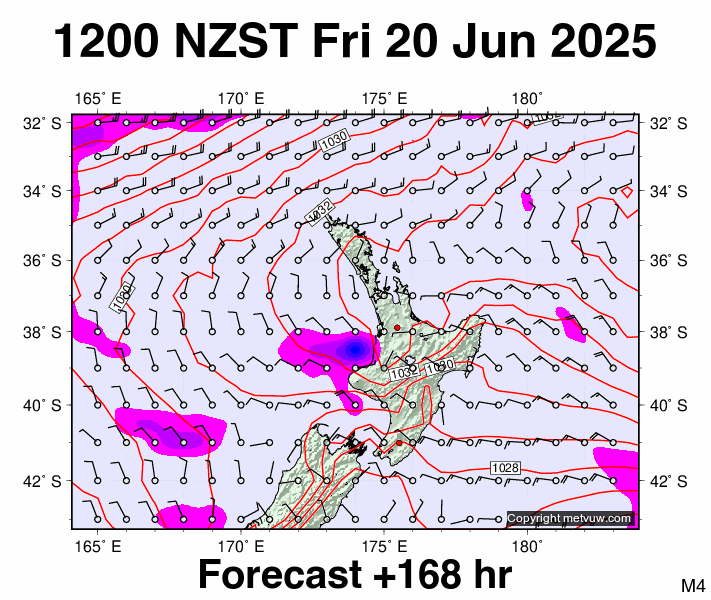 North Island forecast chart for Friday, June 20th, 2025 at 12:00 AM