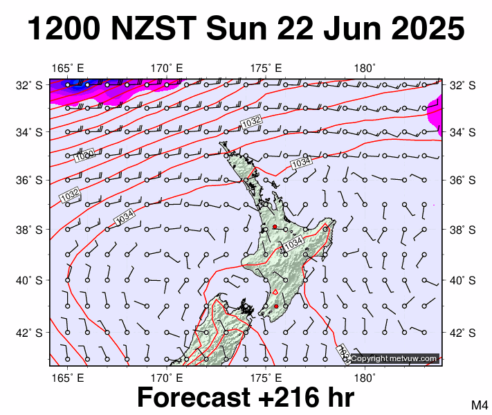 North Island forecast chart for Sunday, June 22nd, 2025 at 12:00 AM