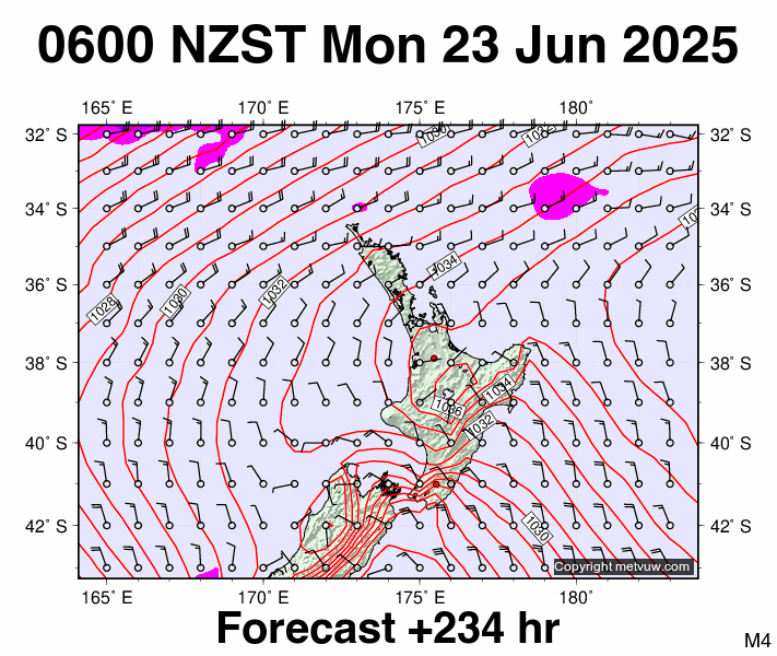 North Island forecast chart for Sunday, June 22nd, 2025 at 6:00 PM