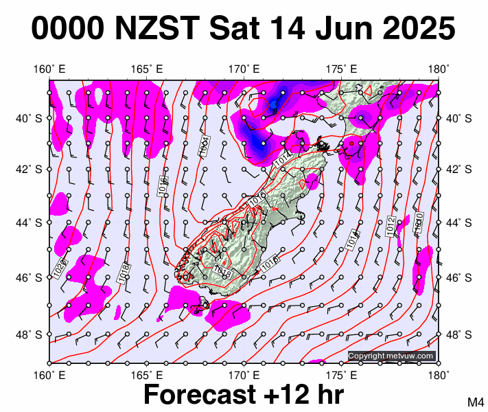 South Island forecast chart for Friday, June 13th, 2025 at 12:00 PM