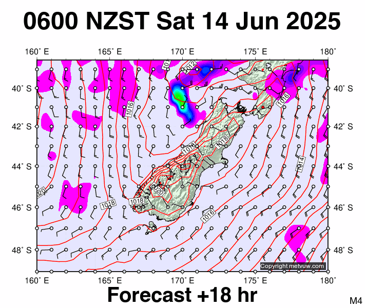 South Island forecast chart for Friday, June 13th, 2025 at 6:00 PM