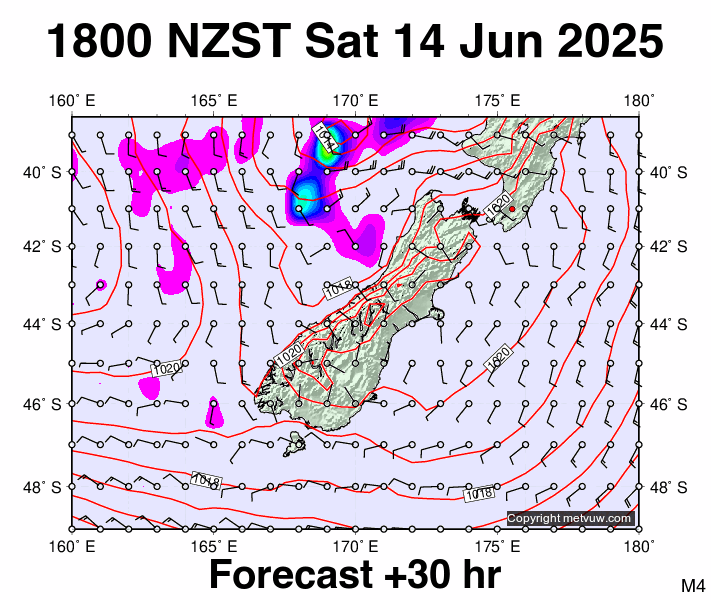 South Island forecast chart for Saturday, June 14th, 2025 at 6:00 AM