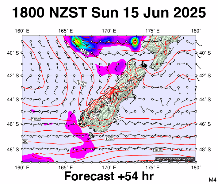 South Island forecast chart for Sunday, June 15th, 2025 at 6:00 AM