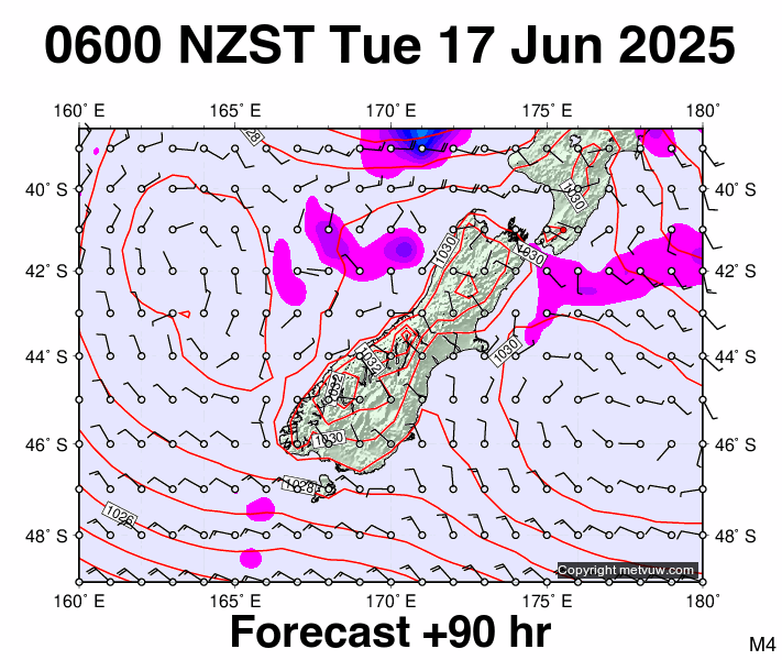 South Island forecast chart for Monday, June 16th, 2025 at 6:00 PM