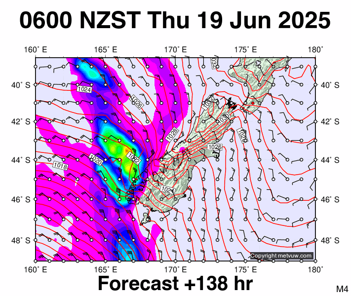 South Island forecast chart for Wednesday, June 18th, 2025 at 6:00 PM