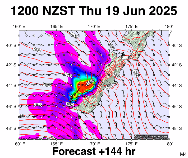 South Island forecast chart for Thursday, June 19th, 2025 at 12:00 AM