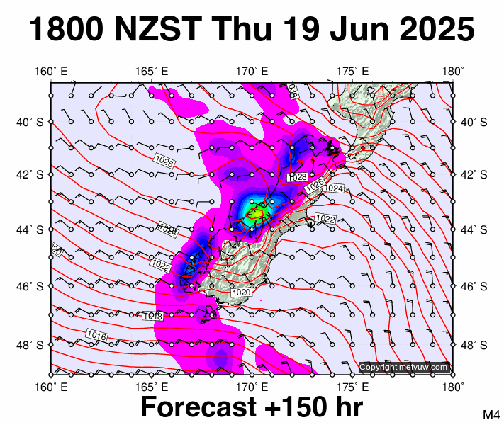 South Island forecast chart for Thursday, June 19th, 2025 at 6:00 AM