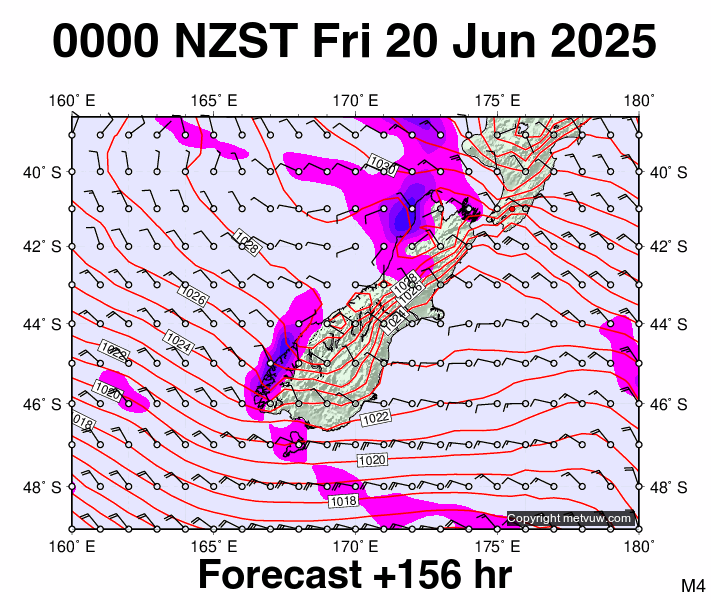 South Island forecast chart for Thursday, June 19th, 2025 at 12:00 PM