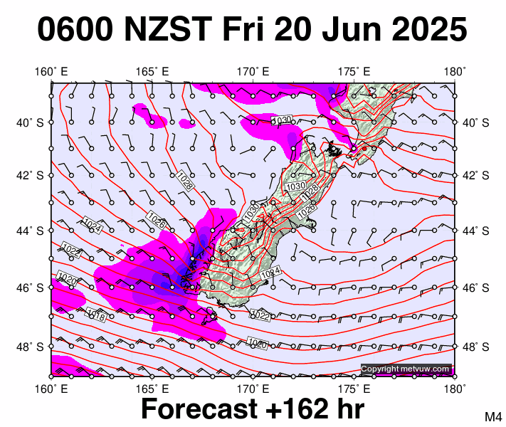 South Island forecast chart for Thursday, June 19th, 2025 at 6:00 PM