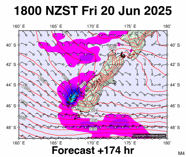South Island forecast chart for Friday, June 20th, 2025 at 6:00 AM