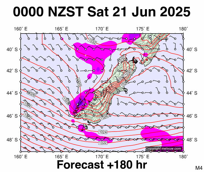 South Island forecast chart for Friday, June 20th, 2025 at 12:00 PM