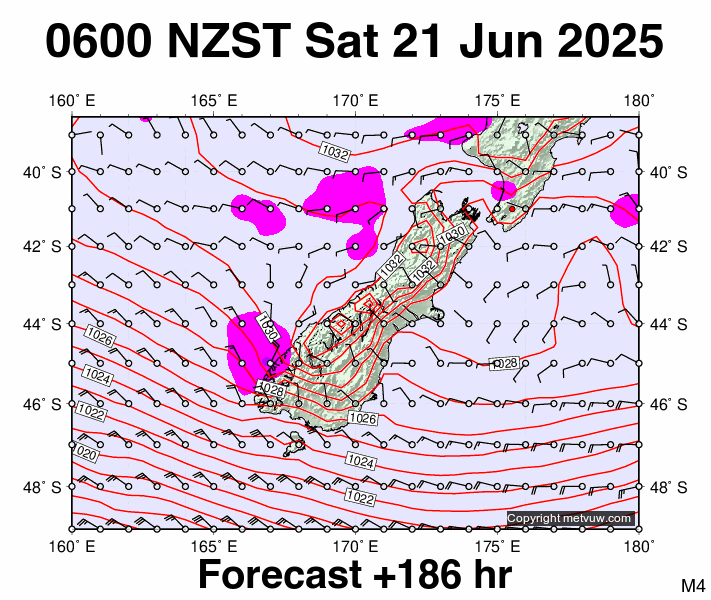 South Island forecast chart for Friday, June 20th, 2025 at 6:00 PM