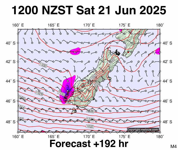 South Island forecast chart for Saturday, June 21st, 2025 at 12:00 AM
