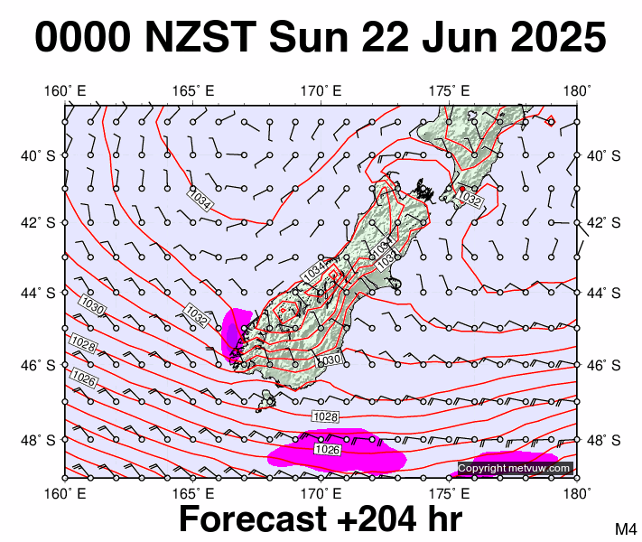 South Island forecast chart for Saturday, June 21st, 2025 at 12:00 PM