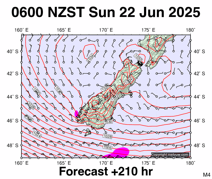 South Island forecast chart for Saturday, June 21st, 2025 at 6:00 PM