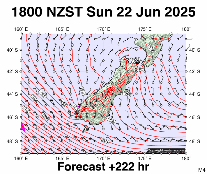 South Island forecast chart for Sunday, June 22nd, 2025 at 6:00 AM